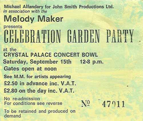 Crystal Palace Garden Party ticket #47011, September 15, 1973